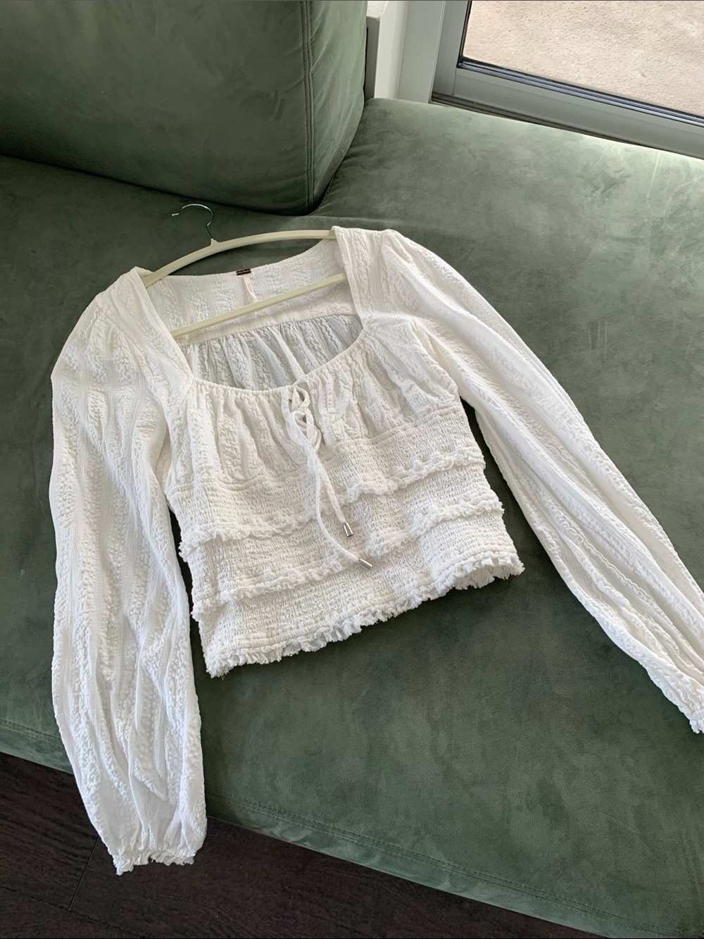 Free People White Textured Peasant Crop Top with Tie